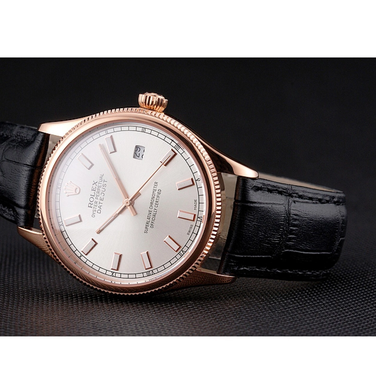 Good Copy Rolex Watches Leather White Rose Case Black Swiss Rolex Strap Datejust Gold Dial 0706